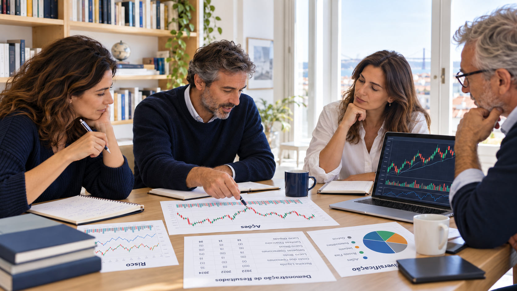 Cena ilustrativa de adultos a estudar gráficos de ações